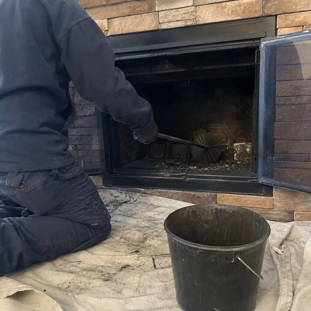 Professional chimney sweep cleaning a fireplace with a wire brush.