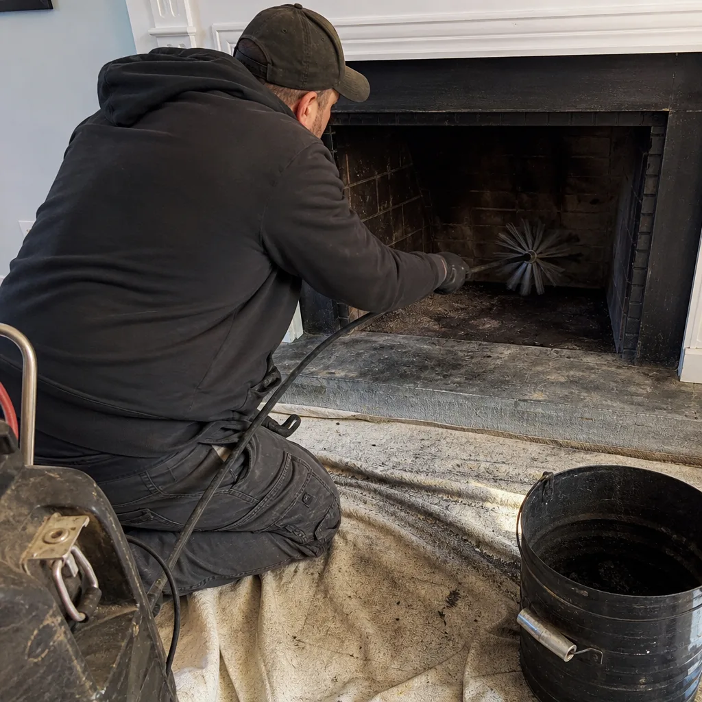 Professional chimney sweep cleaning a brick fireplace interior with a rotary brush