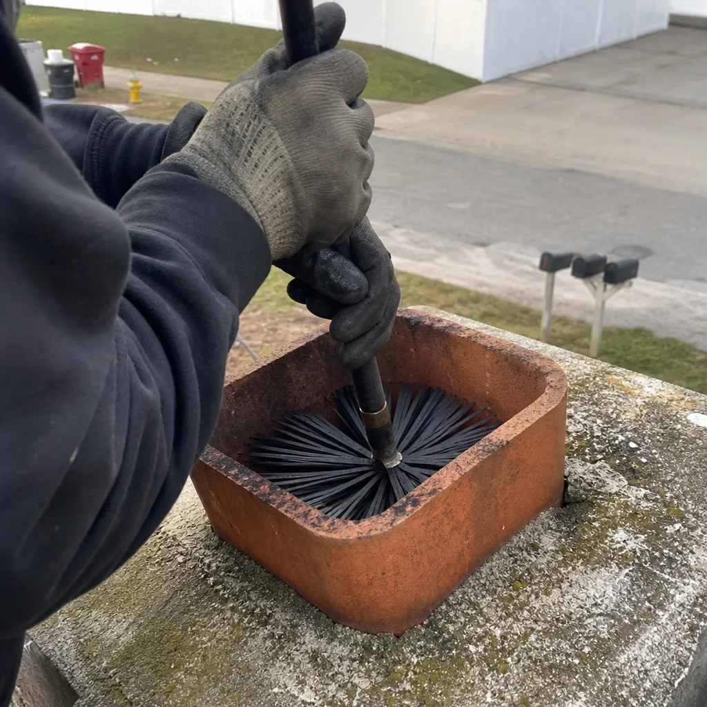 Professional chimney sweep cleaning a brick fireplace flue with a brush