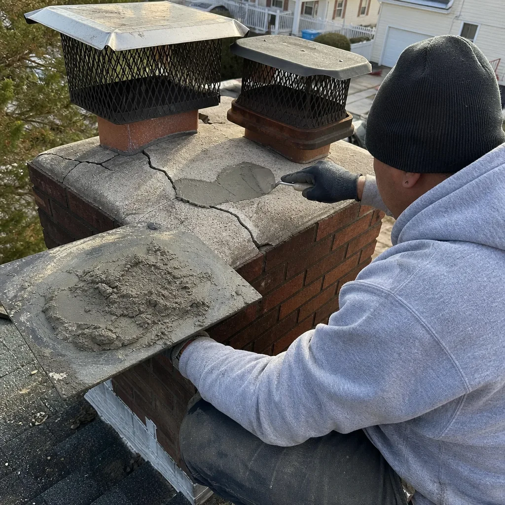 Professional technician repairing cracks on a brick chimney crown with mortar