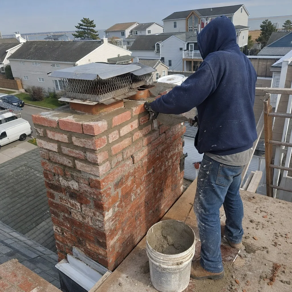 Professional construction worker performing brick chimney repair and masonry maintenance.