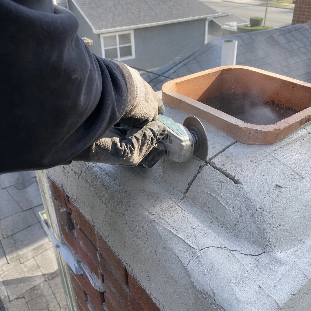 Professional chimney technician repairing a concrete chimney crown with an angle grinder
