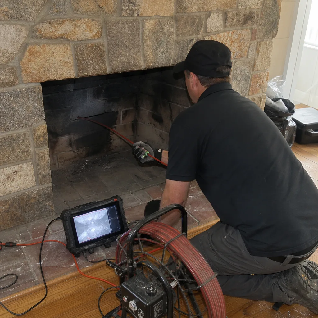 Technician performing professional chimney inspection with a sewer camera