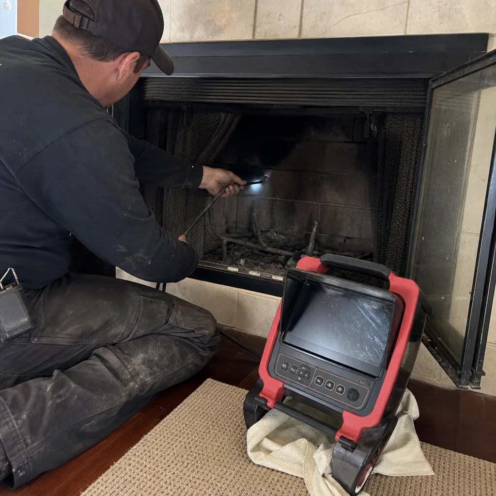 Technician performing a professional fireplace chimney inspection using a digital camera