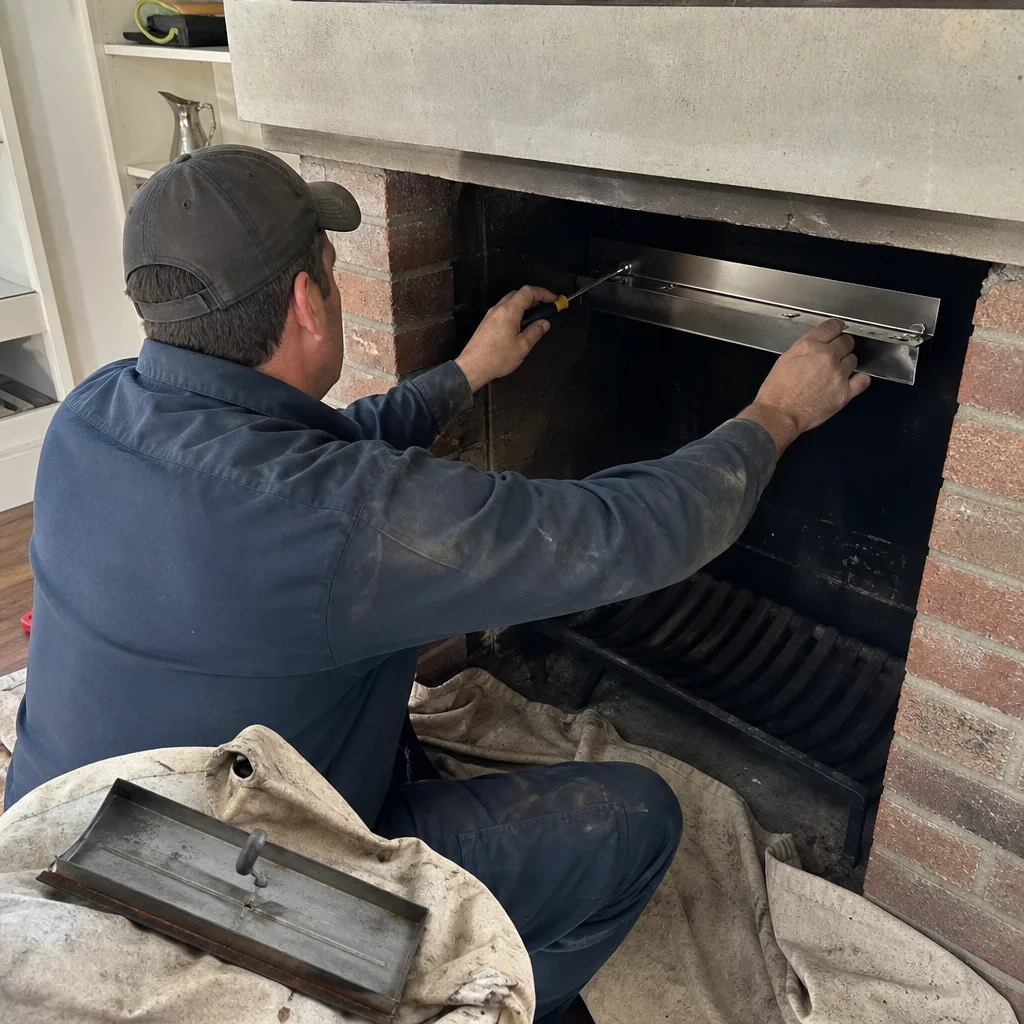 Technician performing fireplace installation and maintenance services