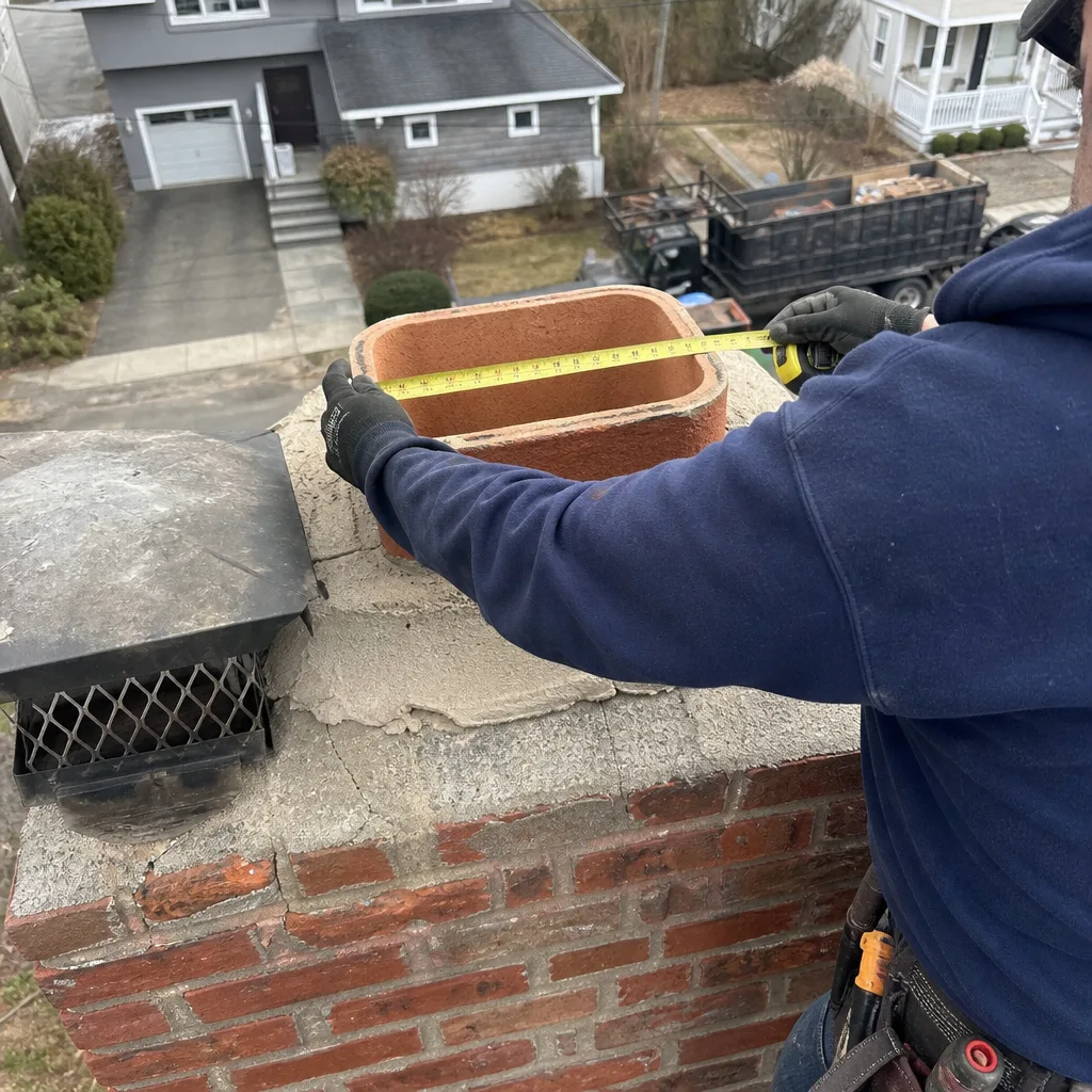 Technician measuring chimney flue liner for custom cap installation in Cedarhurst, NY