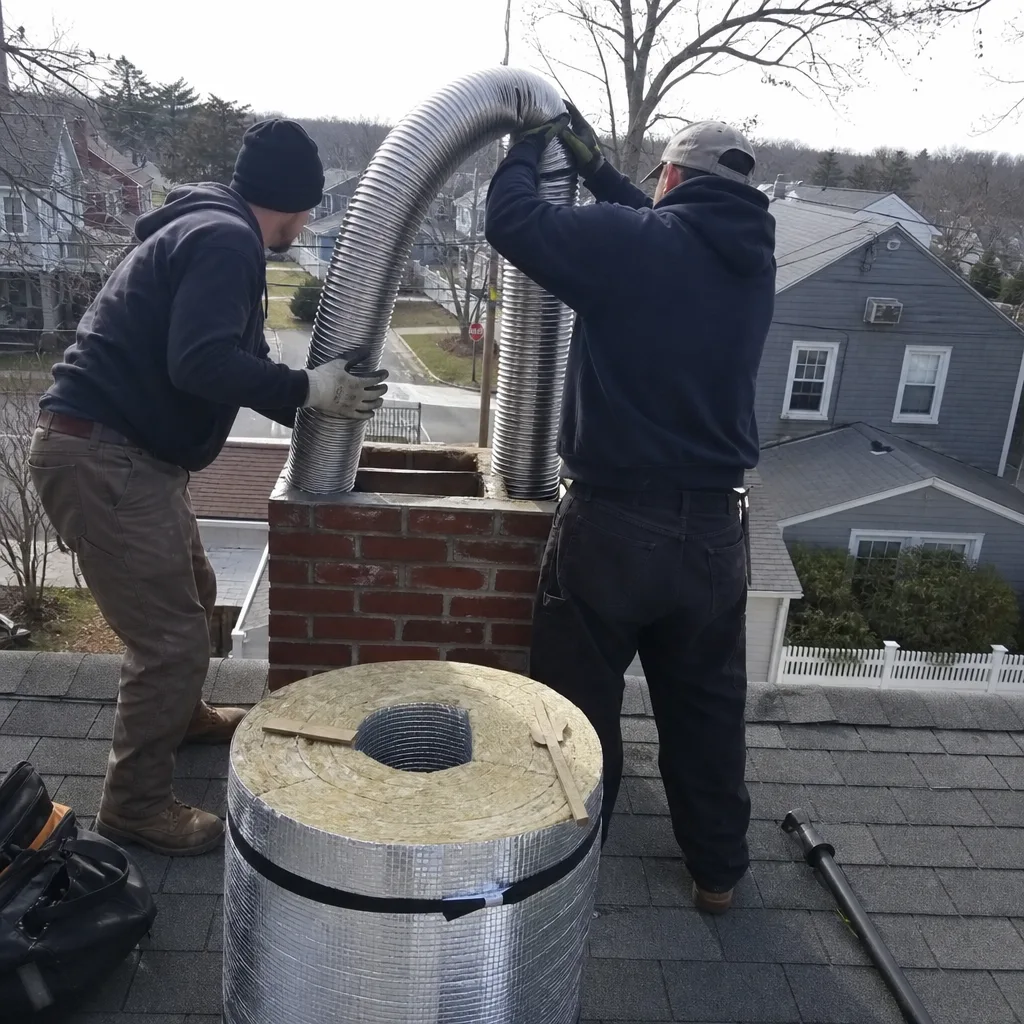 Two technicians installing a stainless steel chimney liner into a brick chimney in Cedarhurst, NY